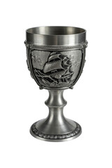 Silver wine glass or goblet with nautical bas-relief isolated on white background. Photo with a shallow depth of field.