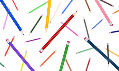 White background with multi-colored pencils. Falling pencils. Vector illustration