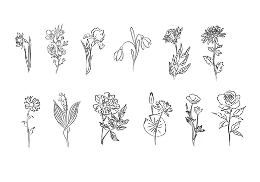 Set of flower silhouette vector illustrations. Snowdrop, daffodil