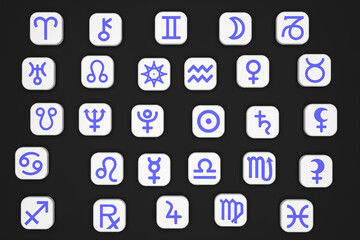 White tiles with images of zodiac signs and symbols of planets. Icons of astrological symbols on a...