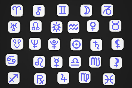 White tiles with images of zodiac signs and symbols of planets. Icons of astrological symbols on a black background. 3D render.
