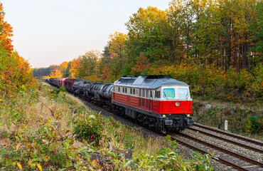 Obraz premium A powerful red locomotive pulls a long train of wagons loaded with goods to the railway station through the autumn forest. Evening autumn illumination.