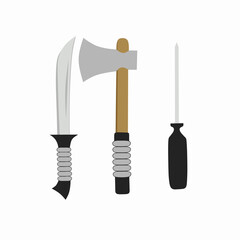 Vector illustration of tooling object.  Machetes, axes and screwdrivers