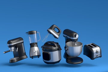 Electric kitchen appliances and utensils for making breakfast on blue background