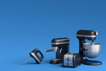 Espresso coffee machine, hand mixer, kettle and toaster on blue background.