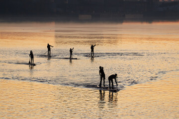 Fototapeta na wymiar River landscape with silhouettes of people paddle on stand up paddle board (SUP) at sunrise on calm surface of autumn Danube river. Morning SUP training and meditation. Backlight.