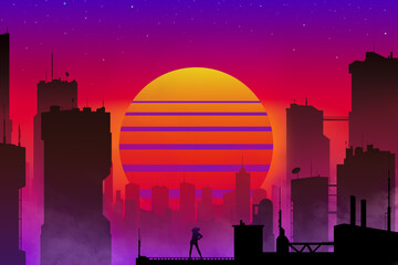 fantastic city with silhouettes of skyscrapers against the backdrop of a sunset and a woman standing on the roof