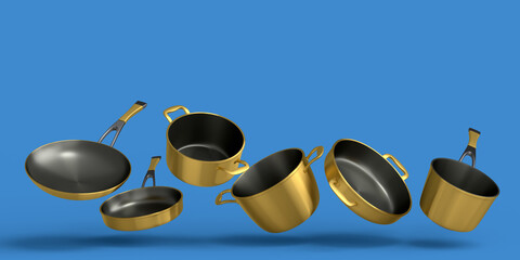 Set of flying stewpot, frying pan and chrome plated cookware on blue background