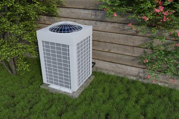 air conditioner outdoor unit on wooden wall background