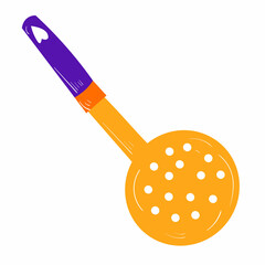 Vector mesh skimmer illustration. Kitchen tools icon set. Cooking collection. Yellow and purple color. On white background.