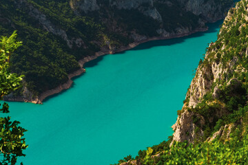 Montenegro. Durmitor National Park. Pivo lake. Canyon of the Tara River. Aerial view. Intense water color