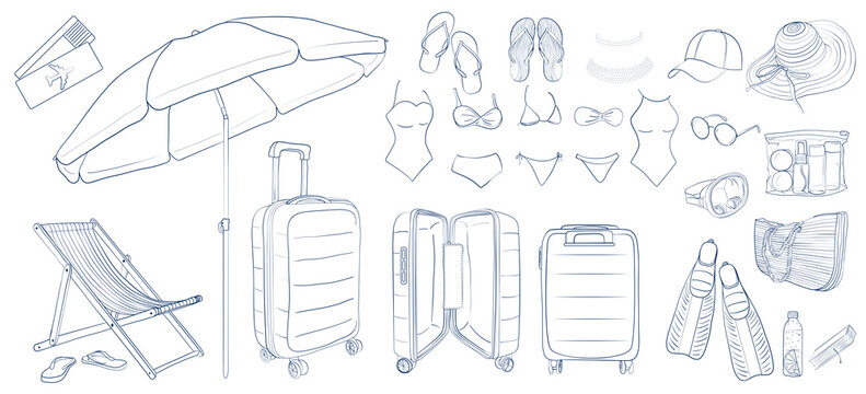 Vacation set by the sea. Outline illustration of a set for a holiday on the sea coast.