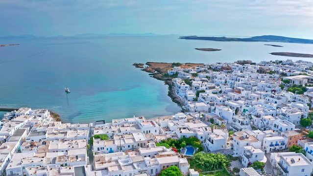 Sea coast of Paros island in Greece aerial landscape panorama. Greece travel