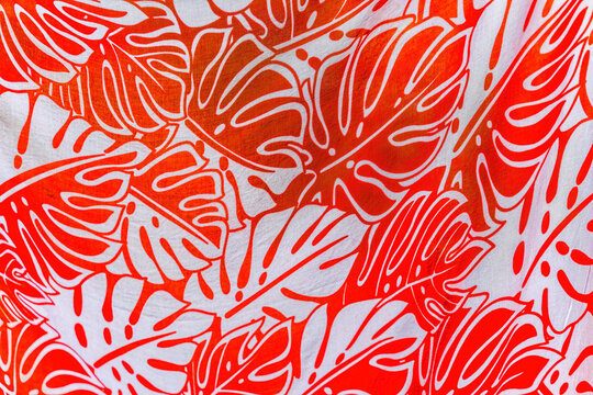 Colorful Red White Tropical Palm Leaves Tahitian Cloth Moorea Tahiti