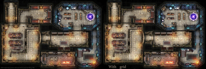 A dungeon map for the board game dungeons and dragons, it has a wizard's lair in which there is a dining room, a barracks, a laboratory for experiments and a wizard's private chambers. 3d rendering - 502812141