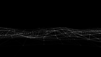 Abstract futuristic wave with moving dots. Flow of particles. Vector cyber technology illustration.