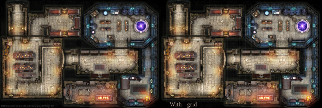 A dungeon map for the board game dungeons and dragons, it has a wizard's lair in which there is a dining room, a barracks, a laboratory for experiments and a wizard's private chambers. 3d rendering
