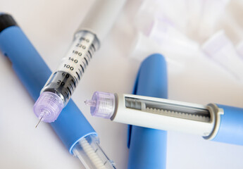 Insulin injection pen or insulin cartridge pen for diabetics. Medical equipment for diabetes...