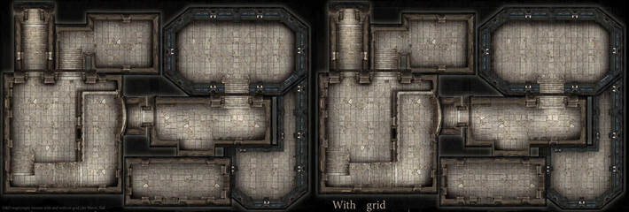 Dungeon map for the board game dungeons and dragons, it has a lot of rooms with a perpendicular view from above, in two versions with and without a grid. 3d rendering - 502812547