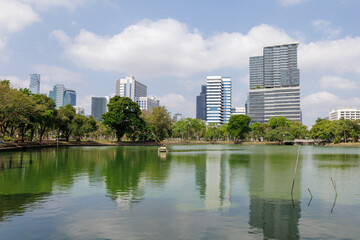 Fototapeta na wymiar View of walking and running public park in Thailand, Lumphini Park. Relax landmark on holidays