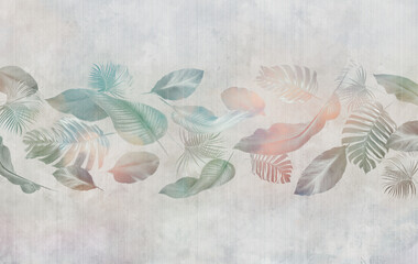 Tropical leafs on grunge background. Design for wallpaper, photo wallpaper, fresco, etc.
