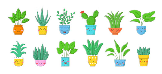 Set of cute houseplant characters. Kawaii faces flower pots. Vector cartoon illustration on white background.