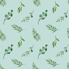 Naklejka na ściany i meble watercolor seamless pattern with green leaves