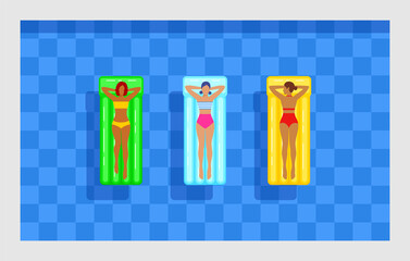 Young women in swimsuits floating on inflatable mattresses in blue swimming pool