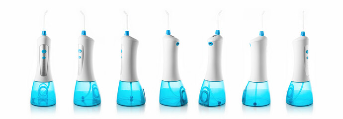 Portable oral irrigator, dental water jet or water flosser captured from different sides, collage, banner isolated on white background