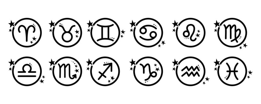 Zodiac signs set, astrological symbols of twelve zodiacal constellations. Vector flat illustrations, isolated on white background. Horoscope elements and celestial black round icons with stars.