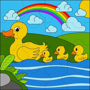 Mother duck with three cubs suitable for children's puzzle vector illustration