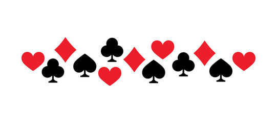 Card suits black red pattern line. Decorative element, playing cards, casino. Risk, gambling - card suits border line. Signs and symbols - hearts, diamonds, clubs and spades.