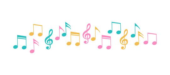 Cute musical notes pattern line. Decorative element for different holidays. Musical border line - to decorate cards, postcards, invitations. Festive design decor color illustration