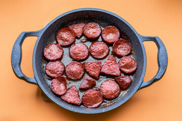 Deep-fried beef sausage in a pan. type of meat used in Turkish breakfasts