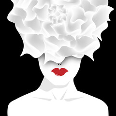 A white flower is superimposed on the face of a woman in a surreal illustration.