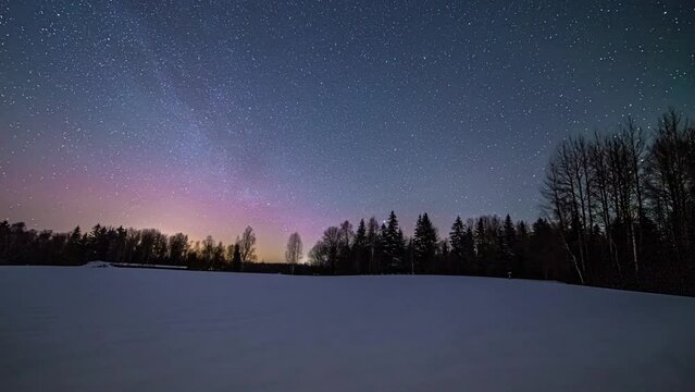Epic winter landscape with trees and flying glowing stars at night sky - time lapse shot
