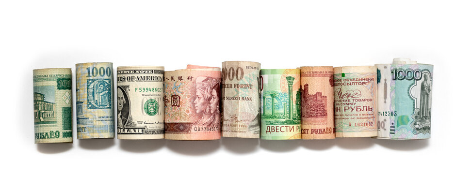 Currencies of different countries on a white background