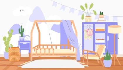 Flat vector illustration of the interior of a nursery in cozy scandinavian style. Concept child's room interior design. © Alena creator