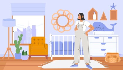 Flat vector illustration with happy pregnant woman in the nursery in cozy scandinavian style. Concept of motherhood. - obrazy, fototapety, plakaty
