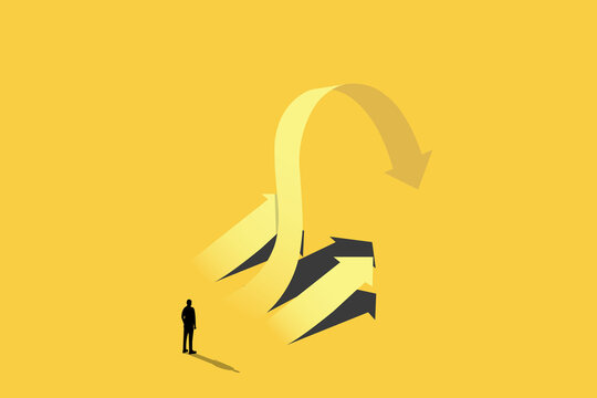 business man looking arrow down. Financial crisis, recession, depression vector concept with downward graph. Symbol of stock market crash, Financial crisis, depletion of savings and bankruptcy. Devalu
