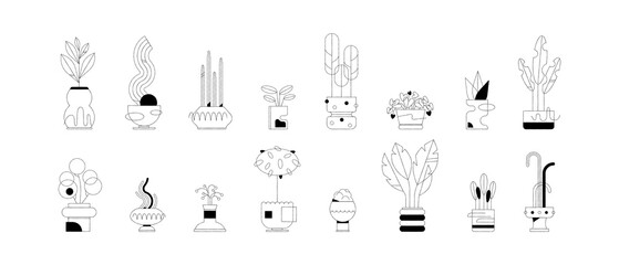 Set of minimal black and white illustrated potted plants. Textured lines and shapes. Abstract vectors in organic style. Isolated objects.