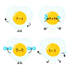 Fototapeta premium Funny cute happy fried egg characters bundle set. Vector hand drawn doodle style cartoon character illustration icon design. Cute fried egg mascot character collection
