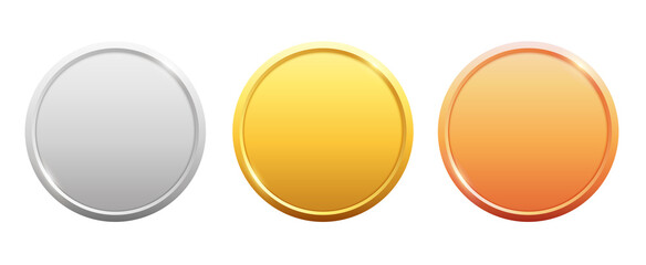 Medals logo collection. Set of shiny round awards in gold, silver and bronze metallic colors. Luxury frames, decoration emblems. Isolated abstract graphic design template