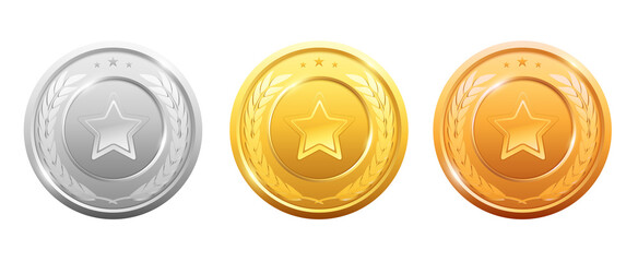 Vector medals logo collection. Set of shiny round awards in gold, silver and bronze colors. Luxury winners emblems. First, second and third place reward