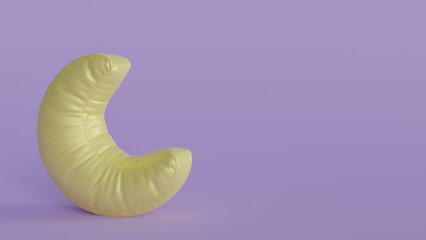 Inflatable toy soft yellow glossy crescent moon on a pastel purple background. 3d rendering illustration. Time to sleep. Place for text.