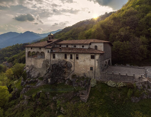 Fototapeta na wymiar Aerial panoramic view from the drone of a Sanctuary in the rock