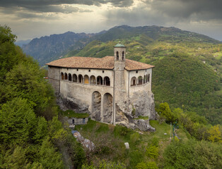 Fototapeta na wymiar Aerial panoramic view from the drone of a Sanctuary in the rock
