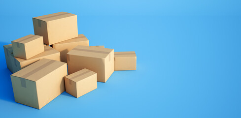 Pile of cardboard boxes on blue background