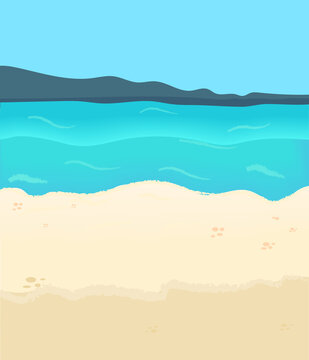Vector landscape with a seashore. Nice sunny day. Vertical background. Illustration of water and beach.
