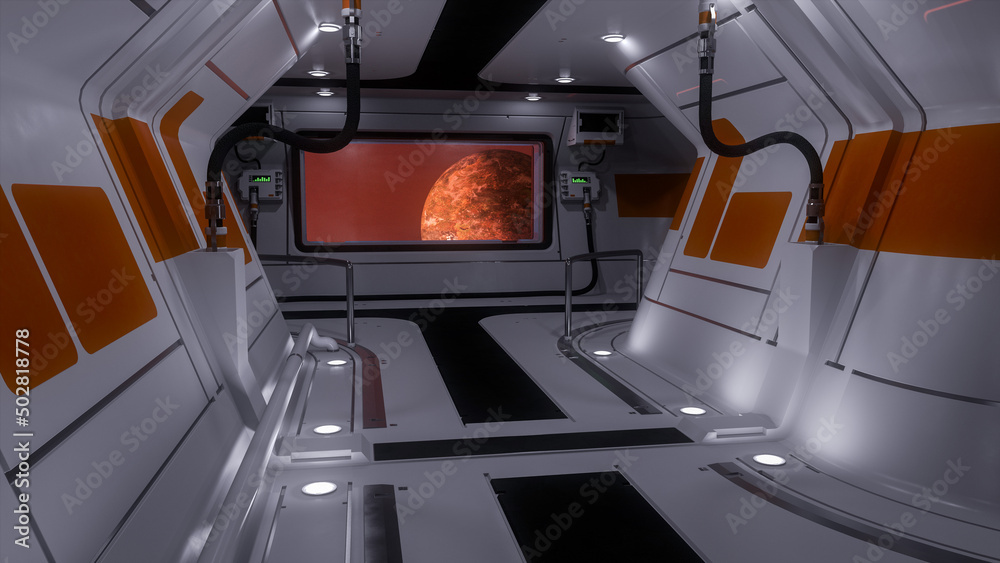 Aufkleber corridor in a futuristic science fiction space ship or station with a planet seen through a window. 